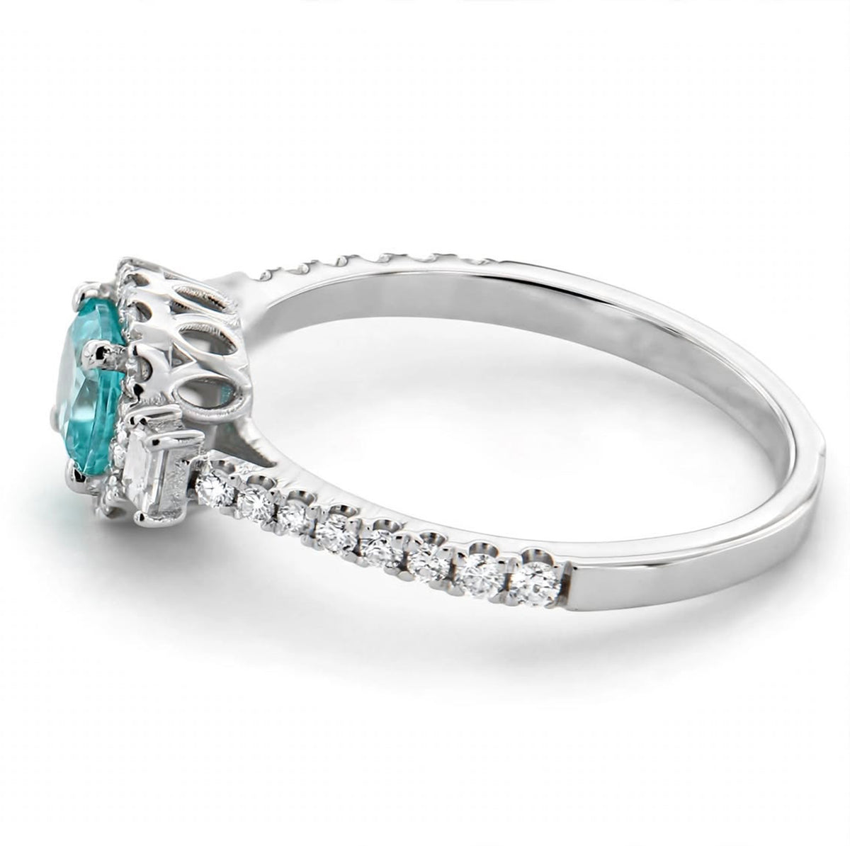 Square Cushion Lab-Grown Paraiba Ring with Natural Diamond Baguettes, Halo and Accents