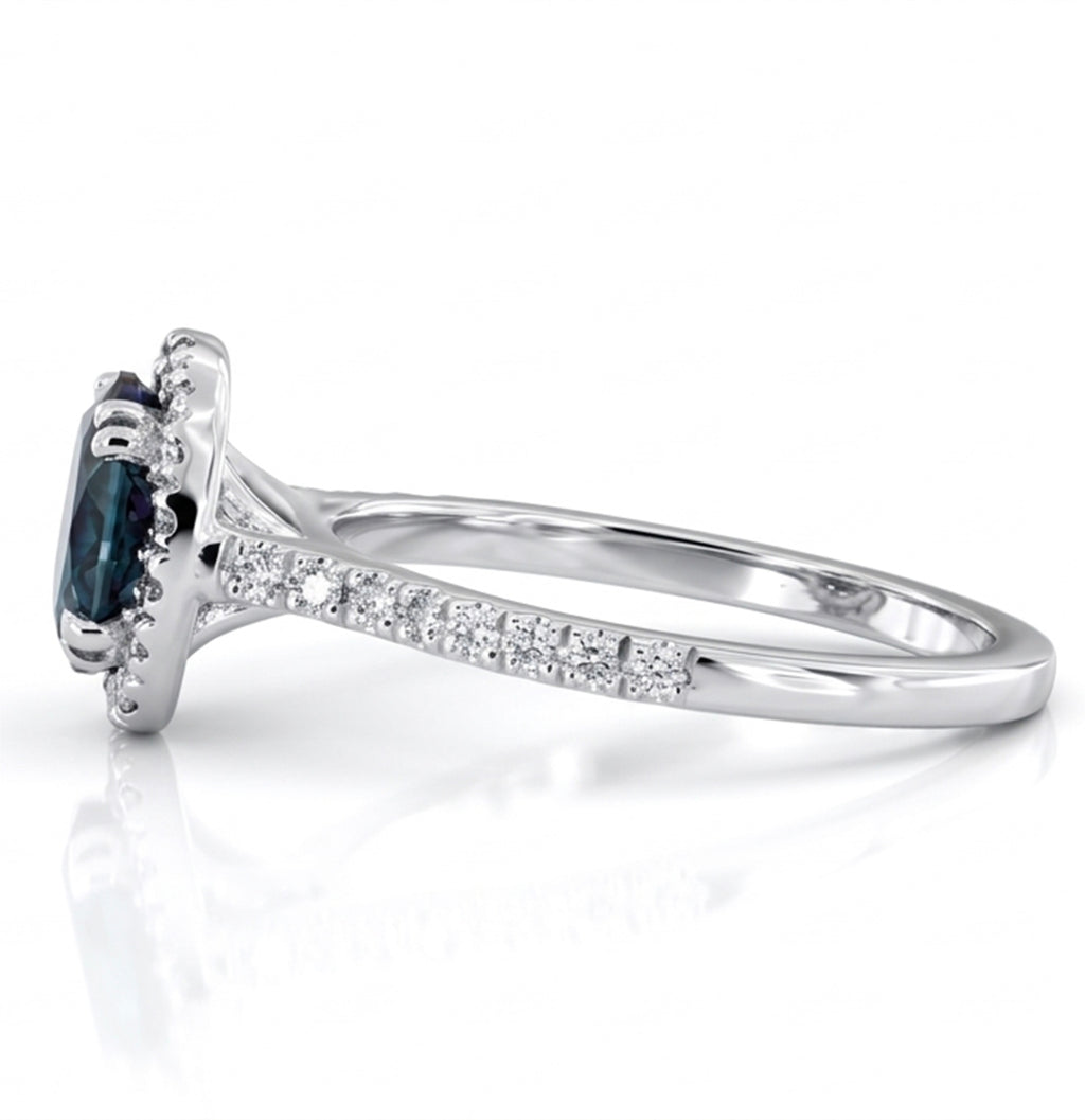 Oval Lab-Grown Alexandrite Ring with Natural Diamond Halo and Accents Double Claw Prongs