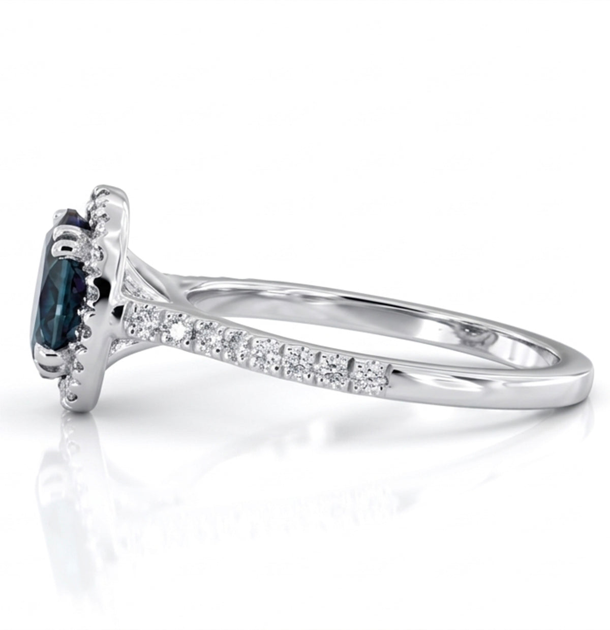 Oval Lab-Grown Alexandrite Ring with Natural Diamond Halo and Accents Double Claw Prongs