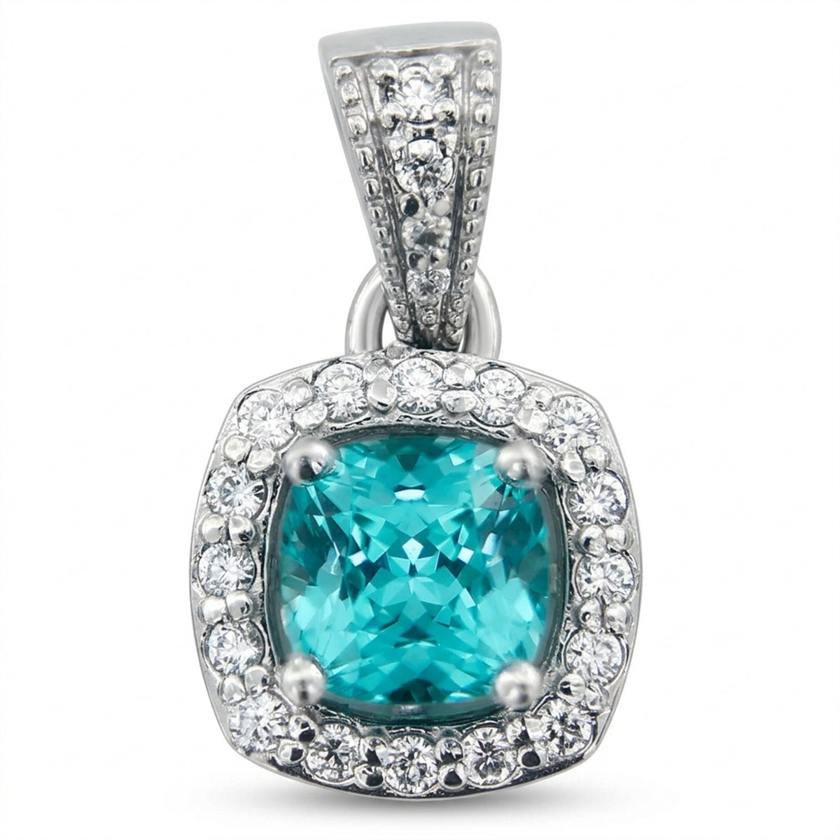 Square Cushion Lab-Grown Paraiba Pendant with Natural Diamond Halo and Milgrain Bale