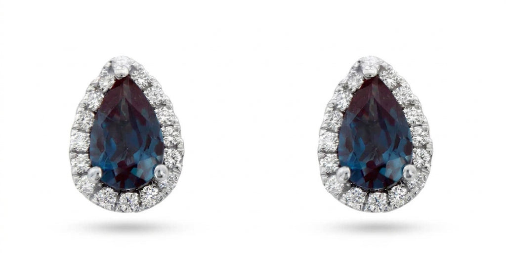 Pear Lab-Grown Alexandrite Earrings with Natural Diamond Halo Studs