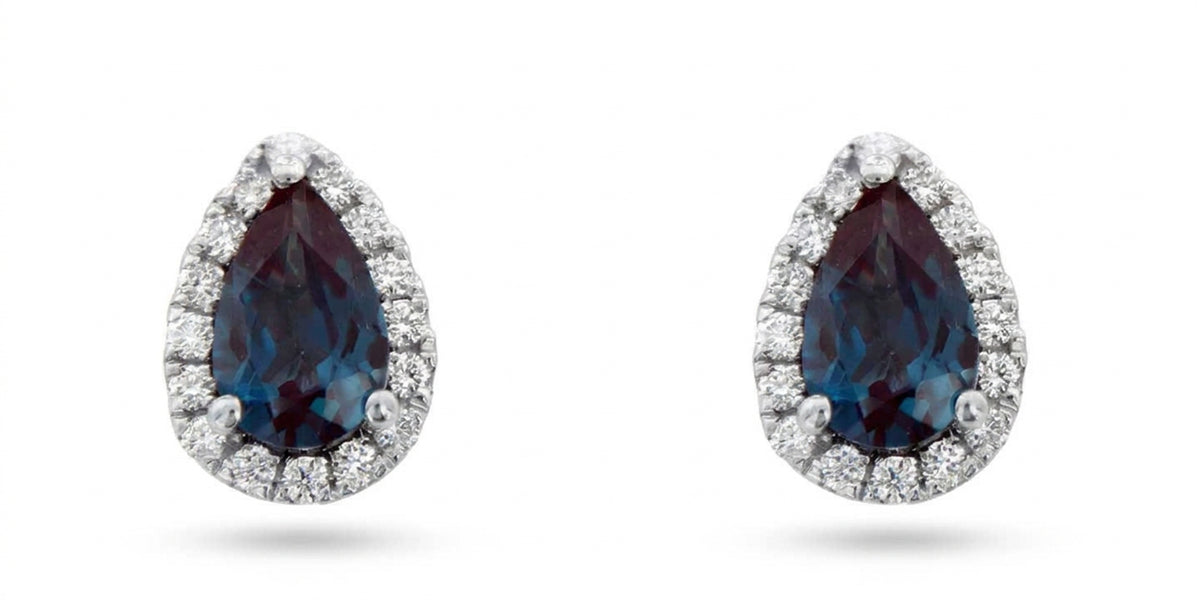 Pear Lab-Grown Alexandrite Earrings with Natural Diamond Halo Studs