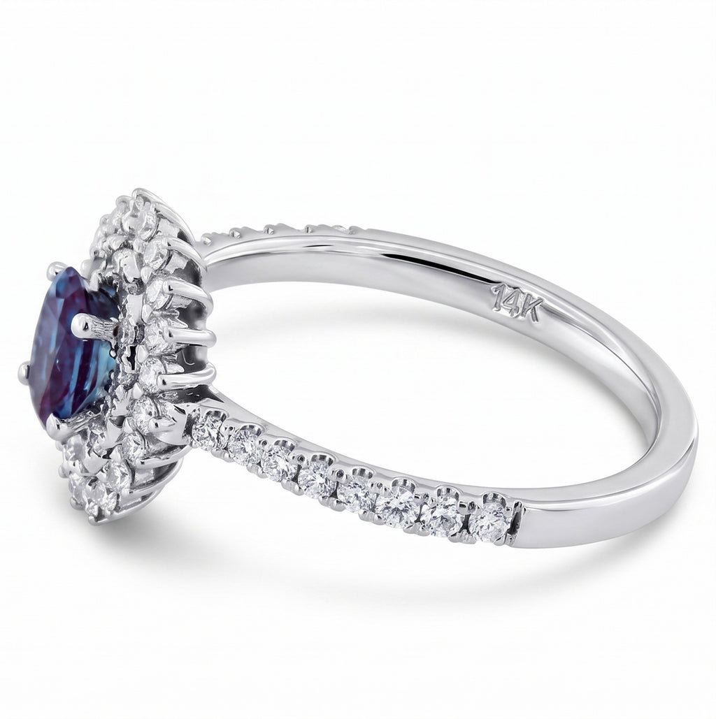 Oval Lab-Grown Alexandrite Ring with Natural Diamond Double Halo and Accents