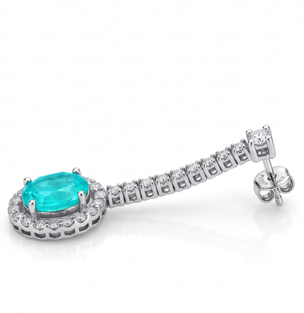 Oval Lab-Grown Paraiba Dangle Earrings with Natural Diamond Halo