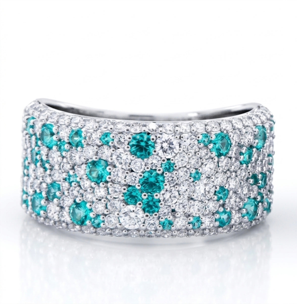 Lab-Grown Paraiba Wide Band Alternating Mixed Stones Ring with Natural Diamonds