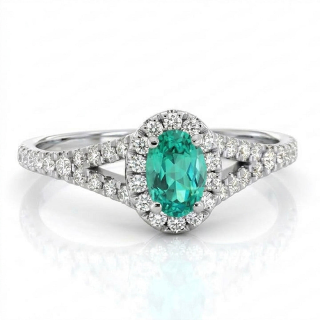 Small Oval Lab-Grown Paraiba Split Shank Ring with Natural Diamond Halo and Accents