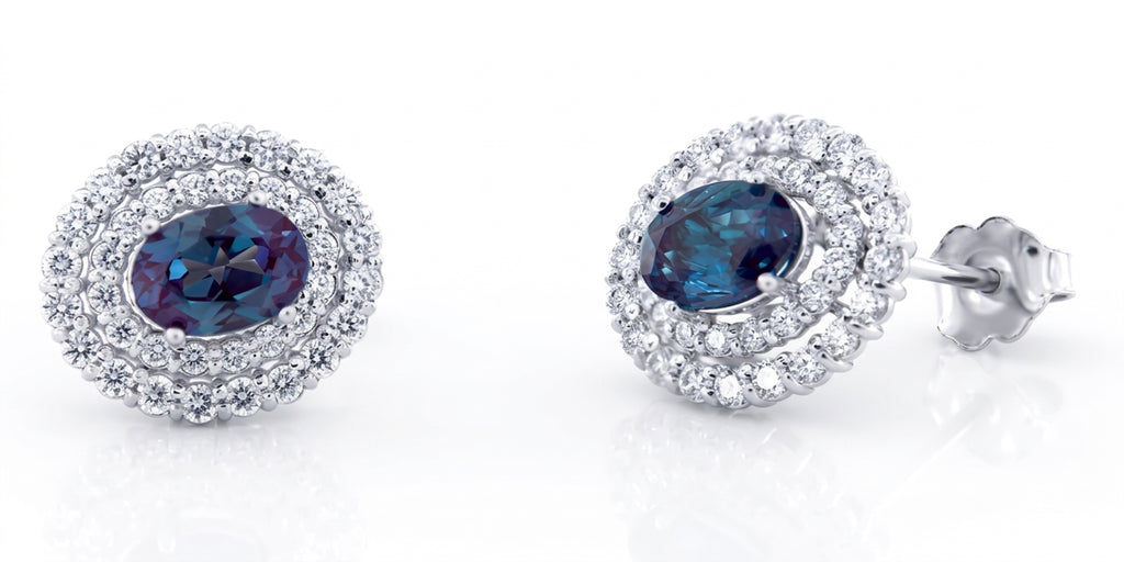 Oval Lab-Grown Alexandrite Earrings with Natural Diamond Spaced Double Halo