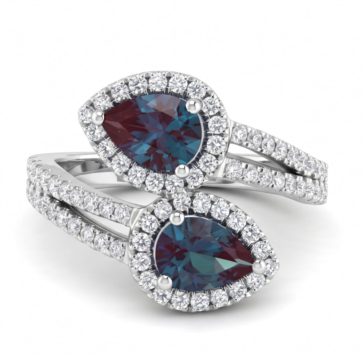 Pear Lab-Grown Alexandrite Bypass Ring with Natural Diamond Halo and Accents