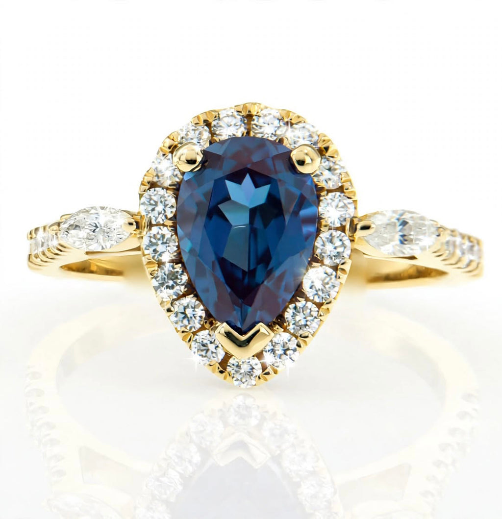 Pear Lab-Grown Alexandrite Ring with Natural Diamond Marquise, Halo and Accents