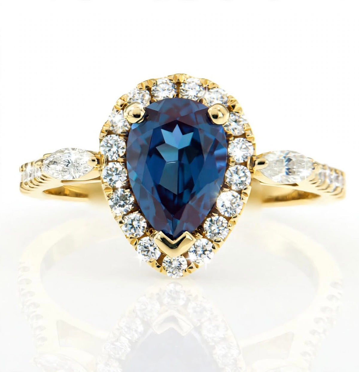Pear Lab-Grown Alexandrite Ring with Natural Diamond Marquise, Halo and Accents