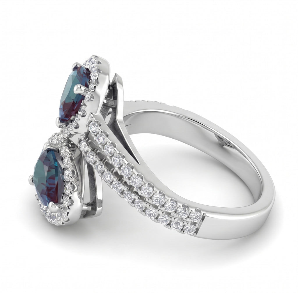 Pear Lab-Grown Alexandrite Bypass Ring with Natural Diamond Halo and Accents