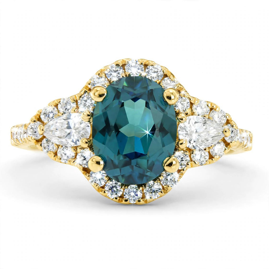 Pear Lab-Grown Alexandrite Ring with Natural Diamond Pears, Halo and Accents