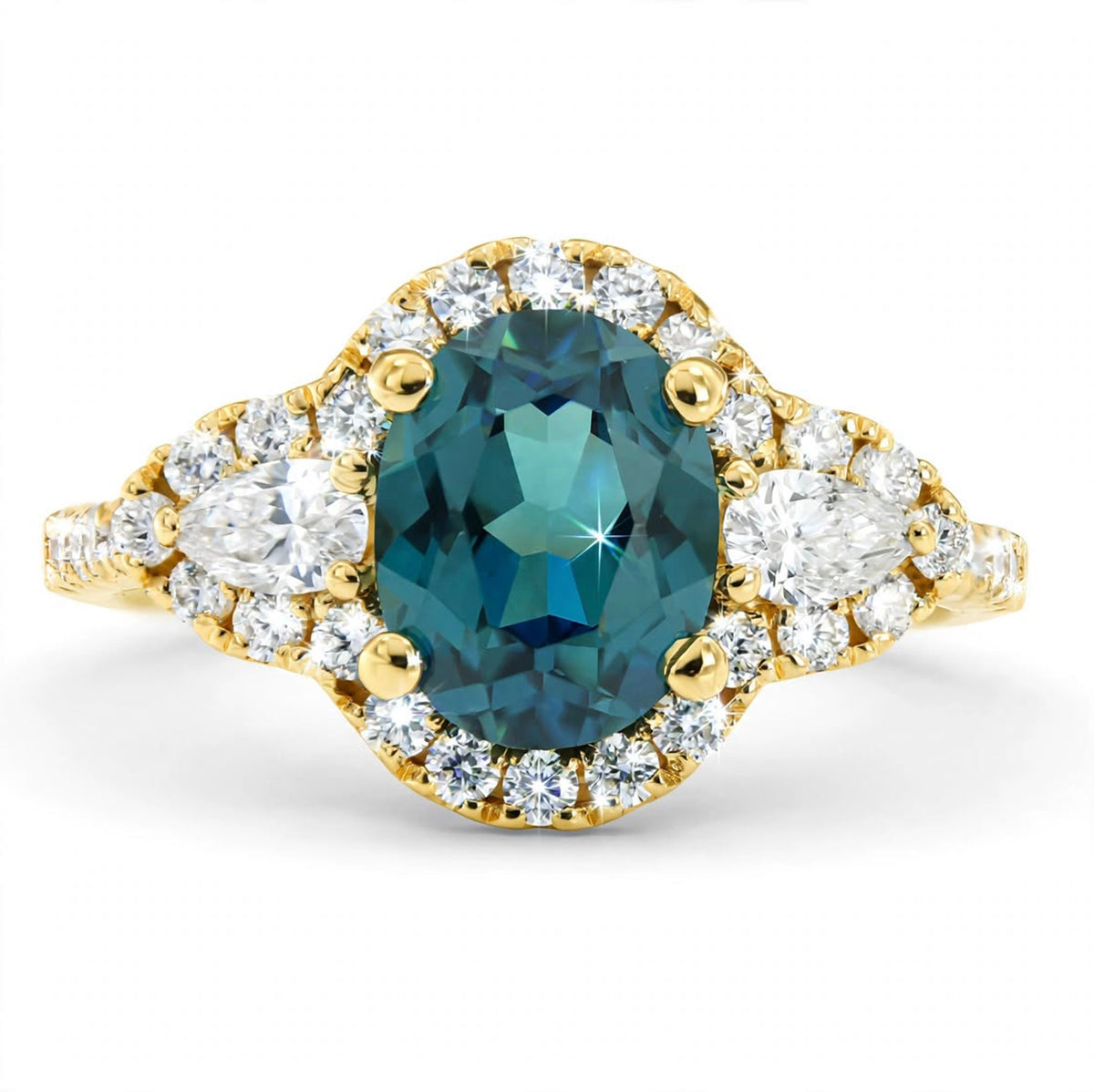 Pear Lab-Grown Alexandrite Ring with Natural Diamond Pears, Halo and Accents