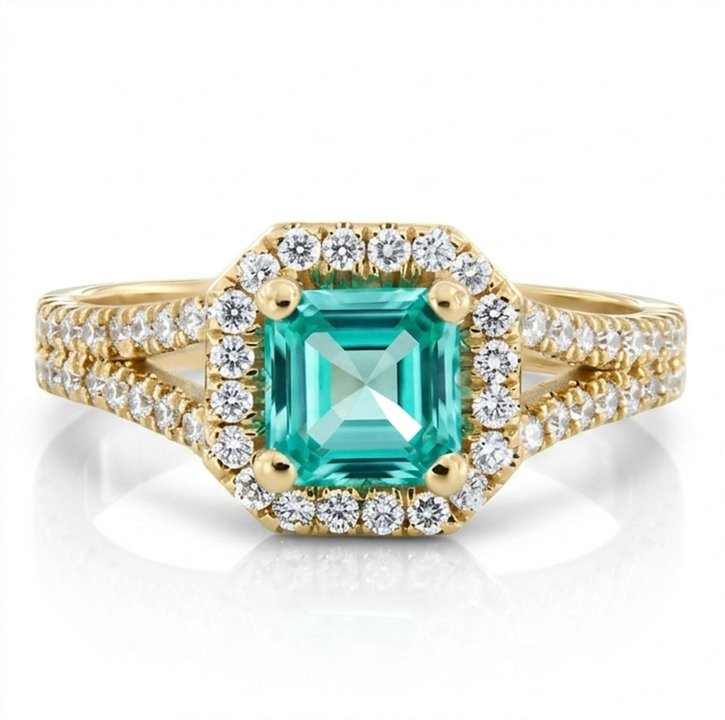 Asscher Lab-Grown Paraiba Double Split Shank Ring with Natural Diamond Halo and Accents