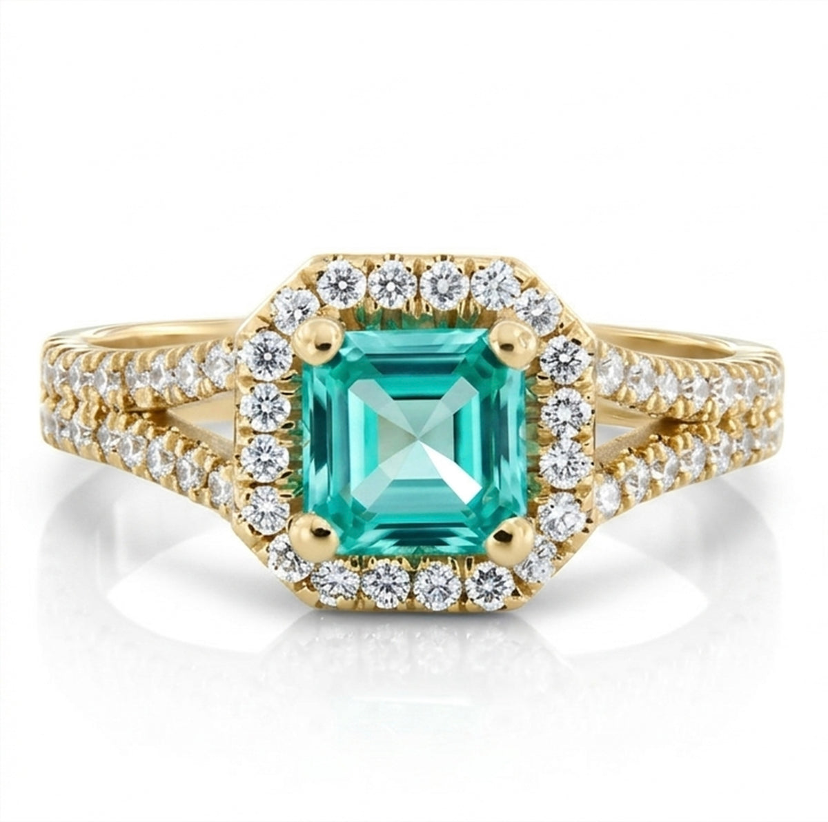 Asscher Lab-Grown Paraiba Double Split Shank Ring with Natural Diamond Halo and Accents