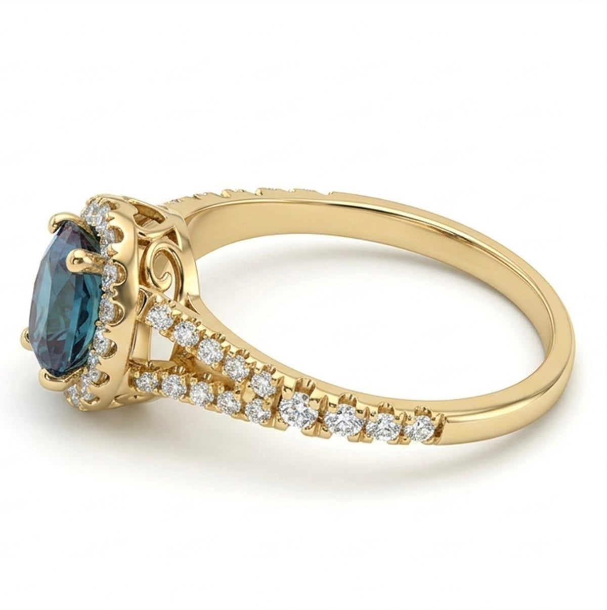 Oval Lab-Grown Alexandrite Ring with Natural Diamond Halo and Accents Split Shank (Smaller Stone)
