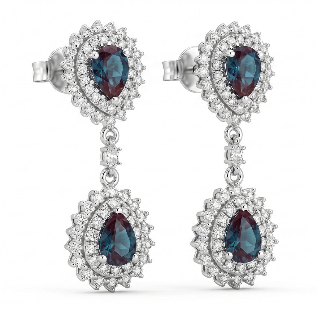 Fancy Pear Lab-Grown Alexandrite Earrings with Natural Diamond Double Halo
