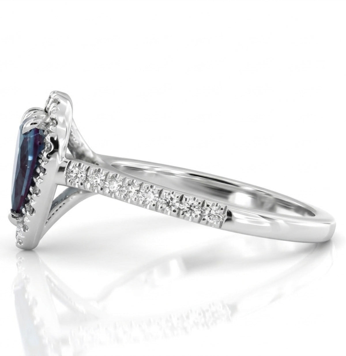 Pear Lab-Grown Alexandrite Ring with Natural Diamond Halo and Accents Double Claw Prongs