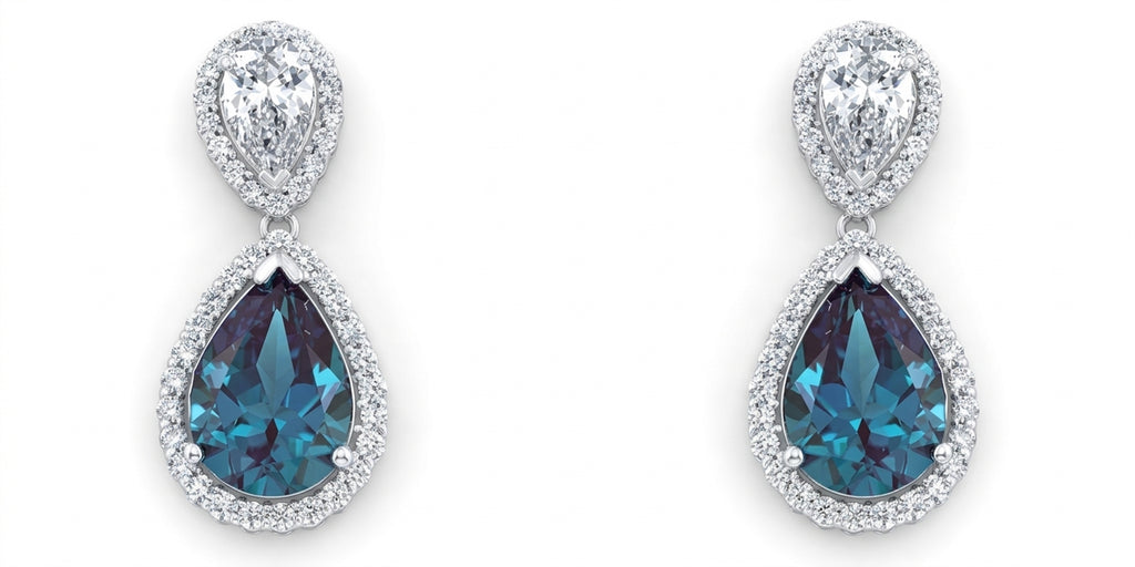 Pear Lab-Grown Alexandrite Earrings with Natural Diamond Halo & Pear Lab Grown Diamond