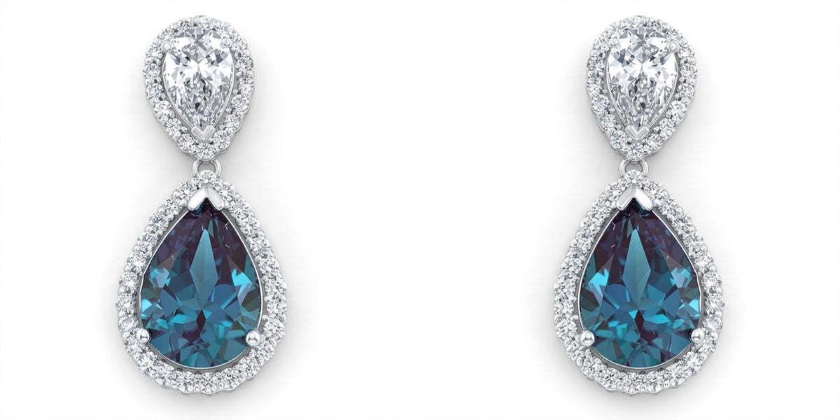 Pear Lab-Grown Alexandrite Earrings with Natural Diamond Halo & Pear Lab Grown Diamond