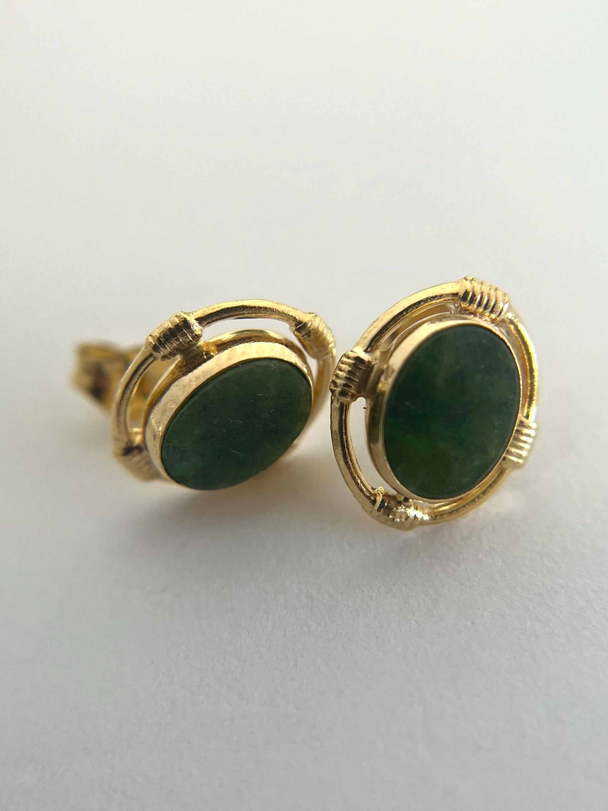 Jade Studs Earrings with Push Backs - 14k Yellow Gold Oval Shape VINTAGE