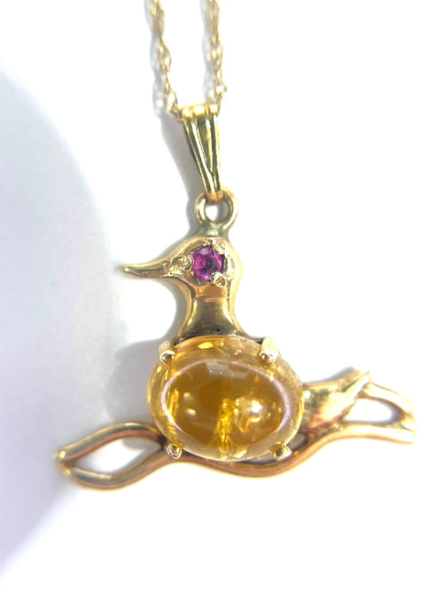 14k Yellow Gold Citrine and Ruby Eye Duck Charm w/ 18” Cable Chain Necklace 3.2 grams