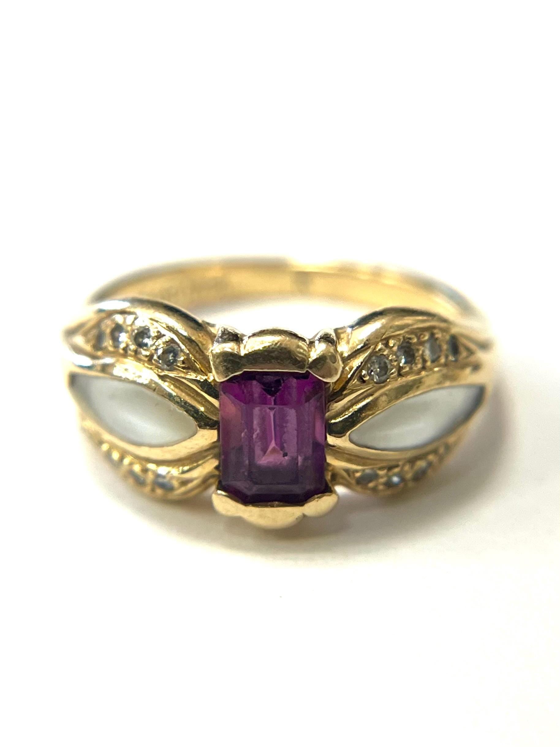 KABANA 14k Yellow Gold Ring with Amethyst Diamond and Pearl Size 5 Band