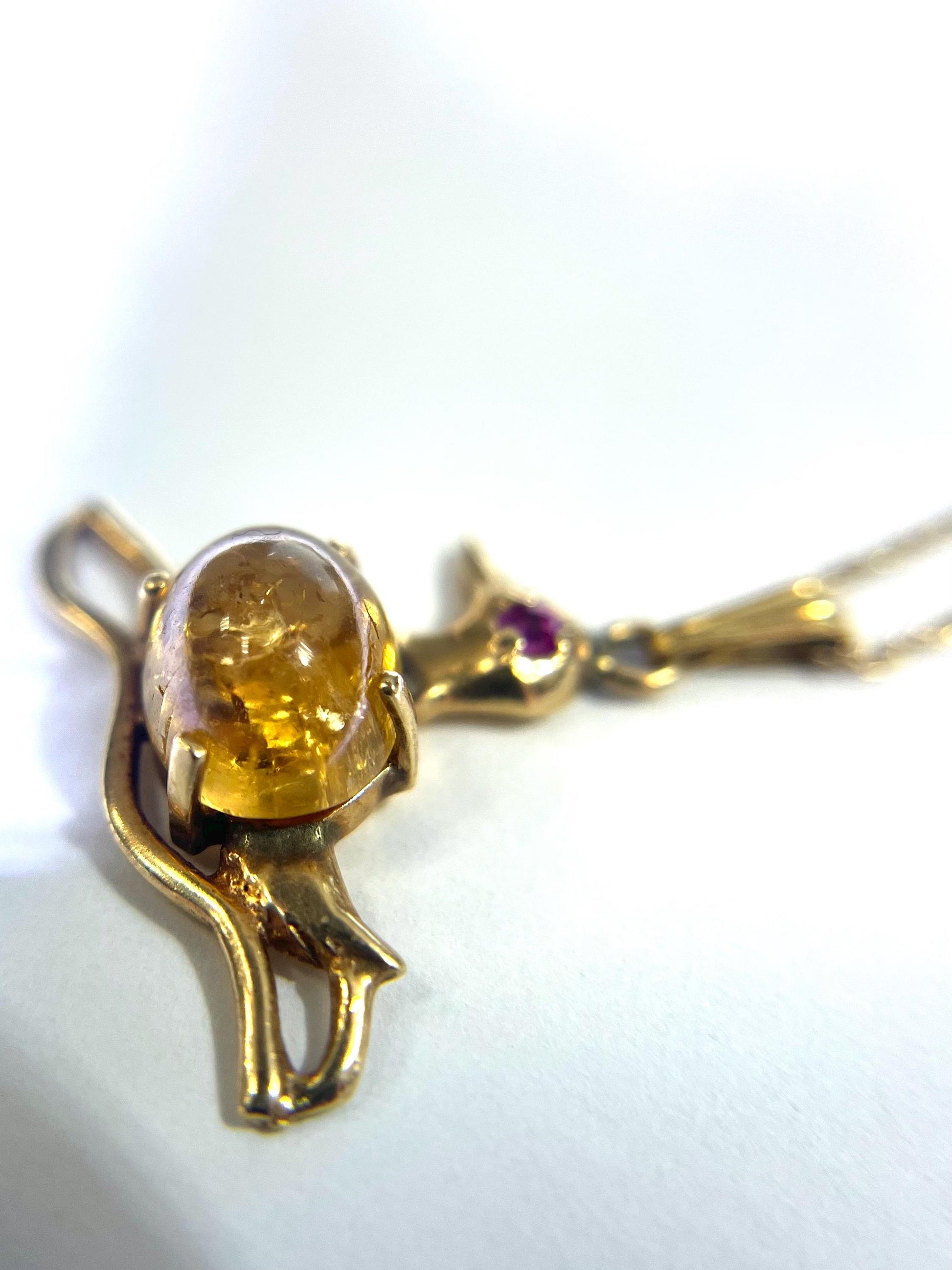14k Yellow Gold Citrine and Ruby Eye Duck Charm w/ 18” Cable Chain Necklace 3.2 grams