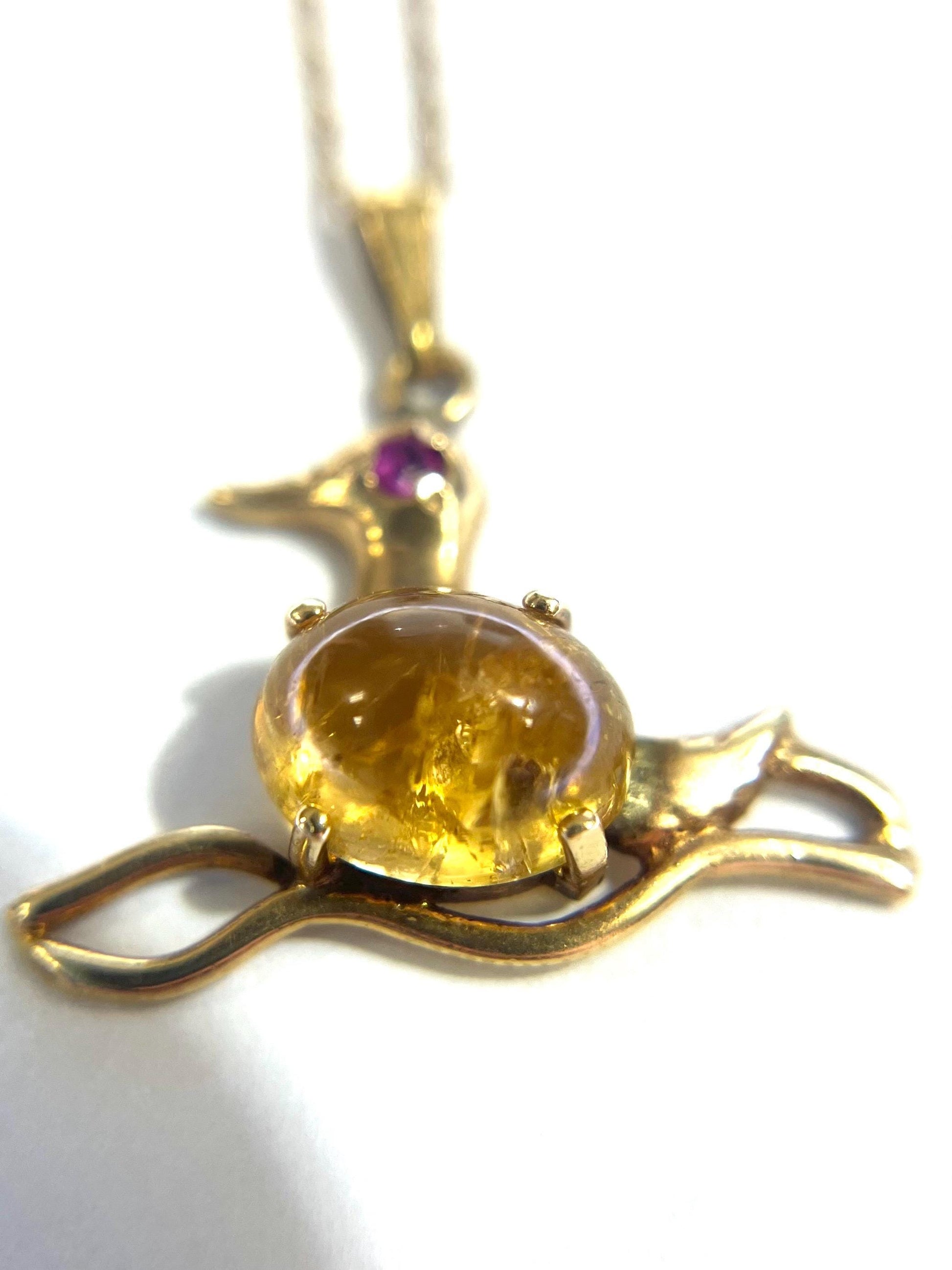 14k Yellow Gold Citrine and Ruby Eye Duck Charm w/ 18” Cable Chain Necklace 3.2 grams
