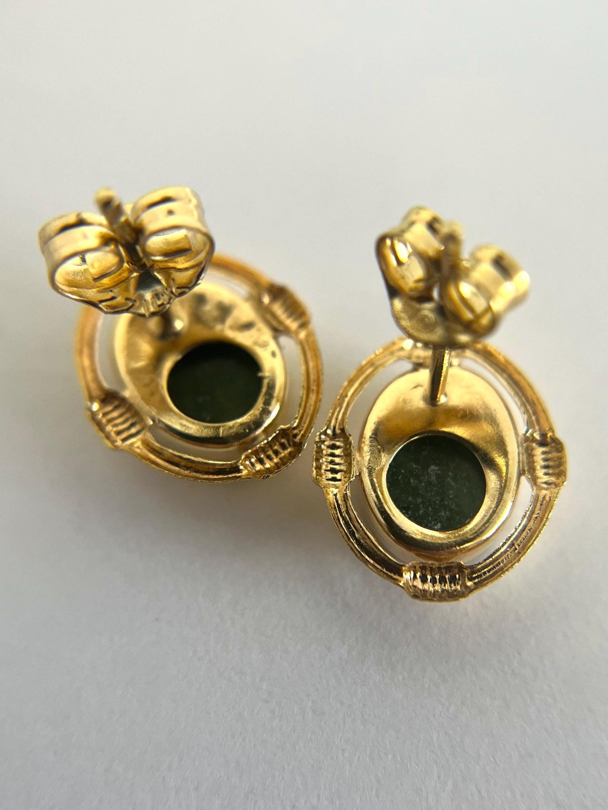 Jade Studs Earrings with Push Backs - 14k Yellow Gold Oval Shape VINTAGE