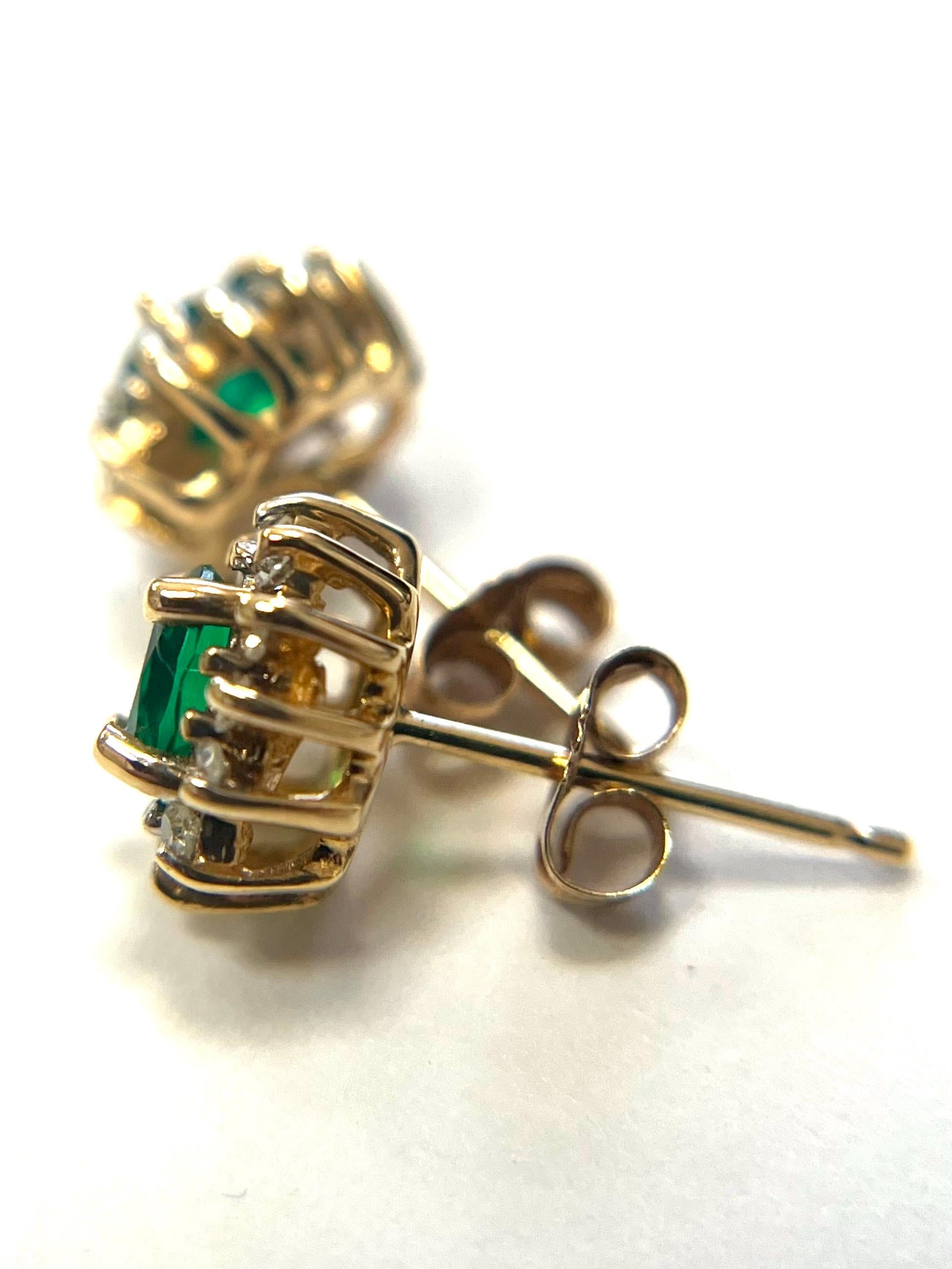 10k Yellow Gold Pushback Emerald Earrings with Diamonds