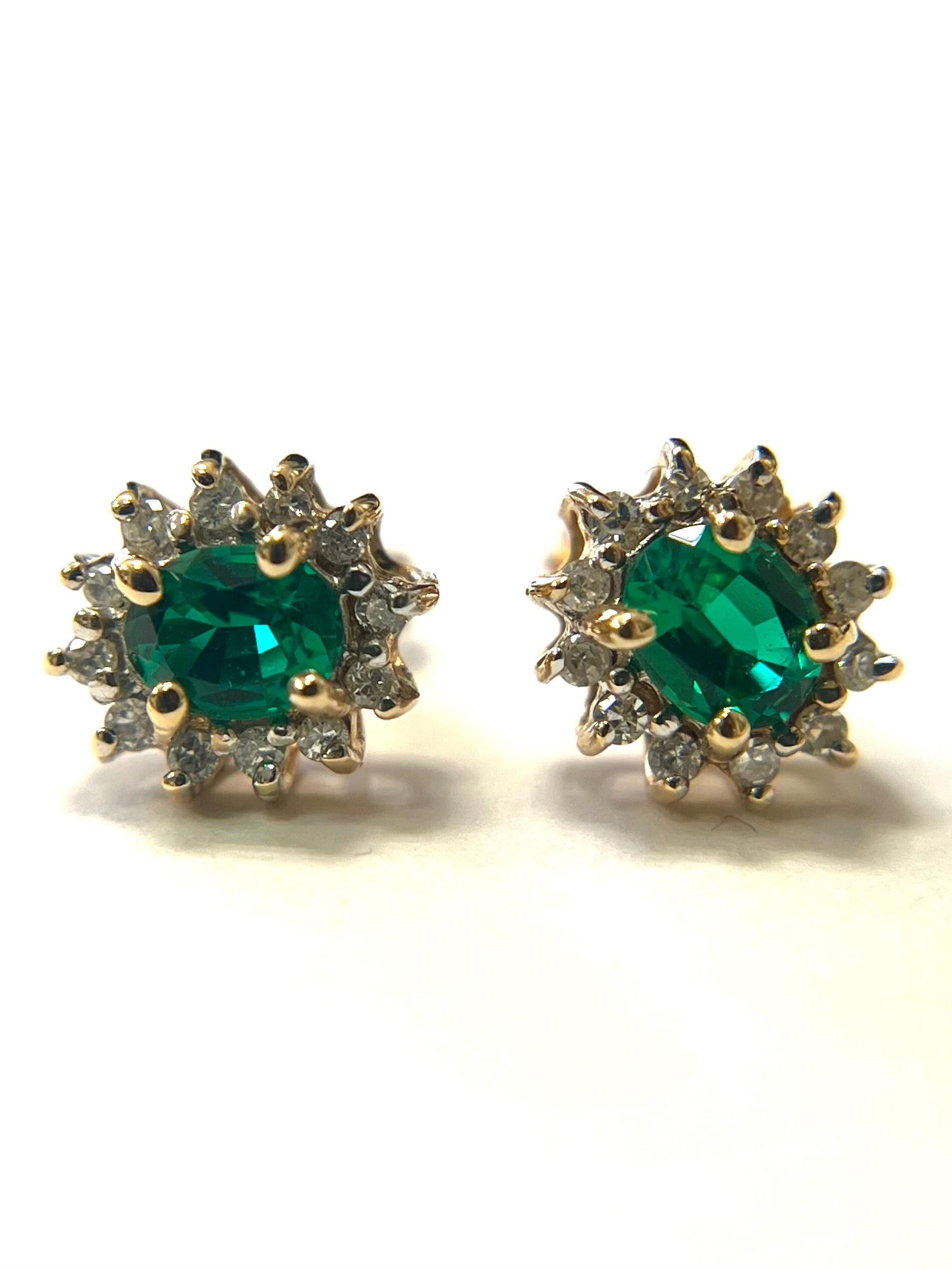 10k Yellow Gold Pushback Emerald Earrings with Diamonds