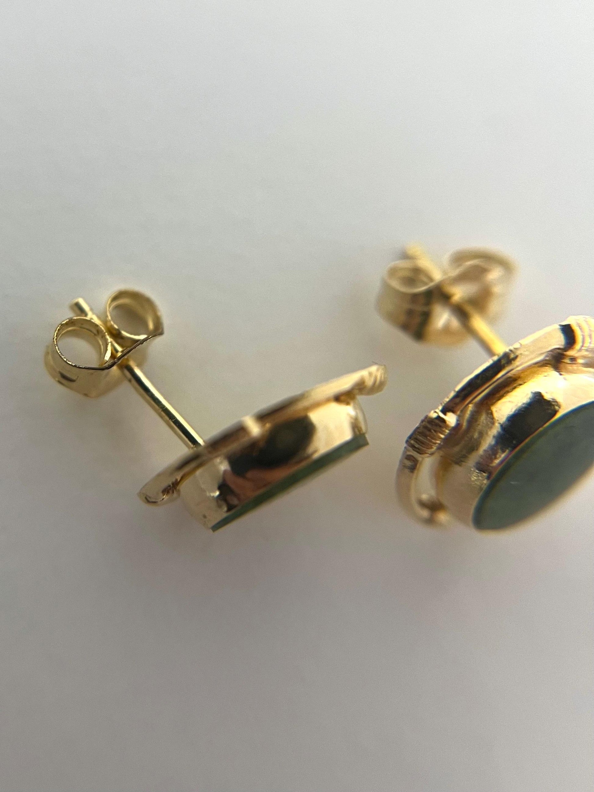 Jade Studs Earrings with Push Backs - 14k Yellow Gold Oval Shape VINTAGE