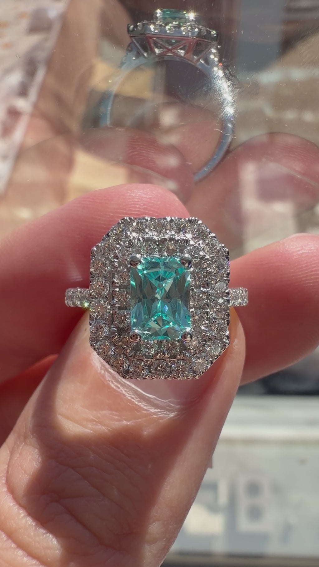 Radiant Lab-Grown Paraiba Ring with Natural Diamond Double Halo and Accents