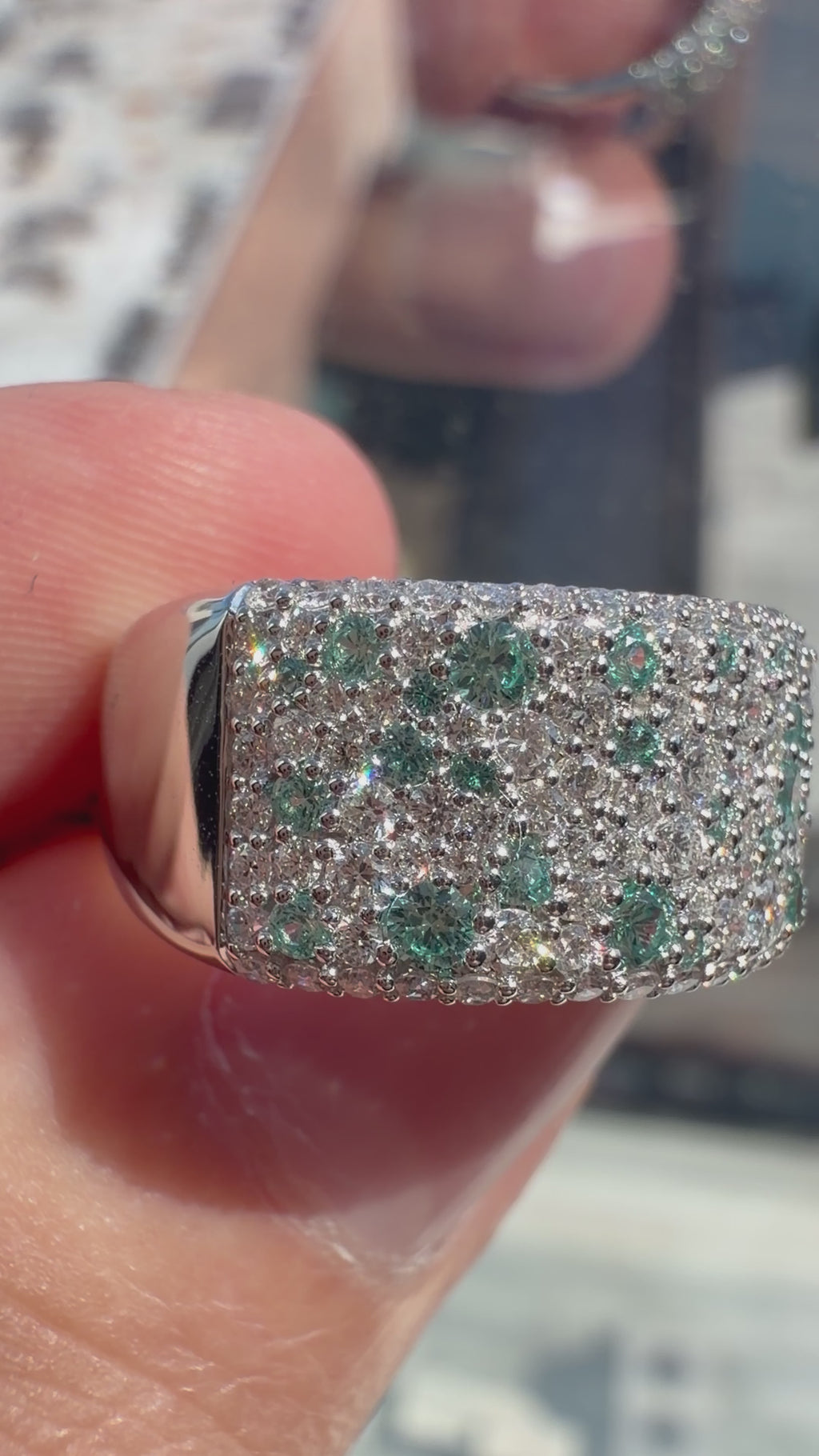 Lab-Grown Paraiba Wide Band Alternating Mixed Stones Ring with Natural Diamonds