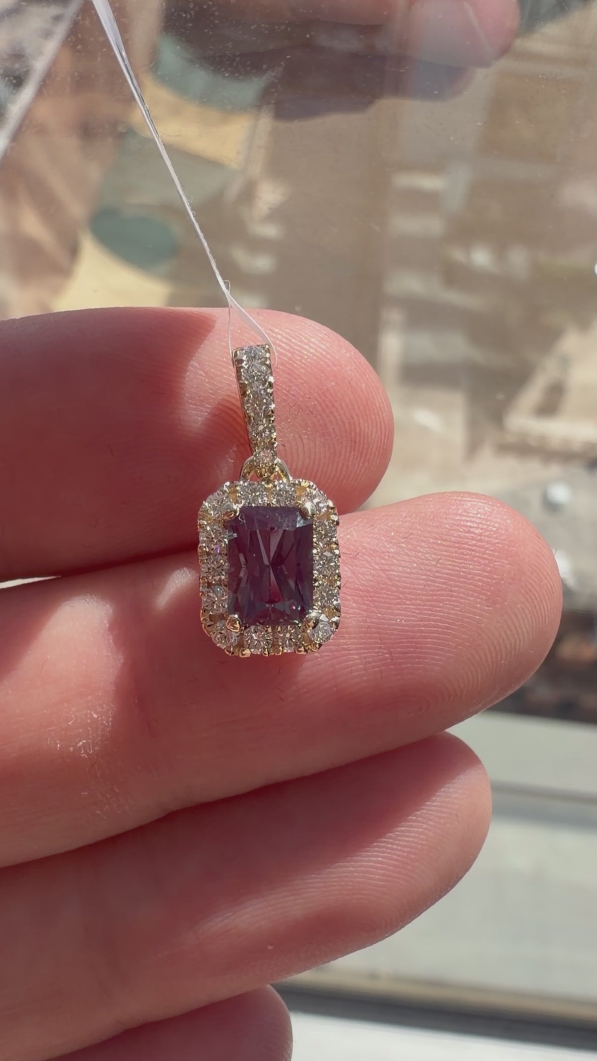 Radiant Lab-Grown Alexandrite Pendant with Natural Diamond Halo and Diamond Bale