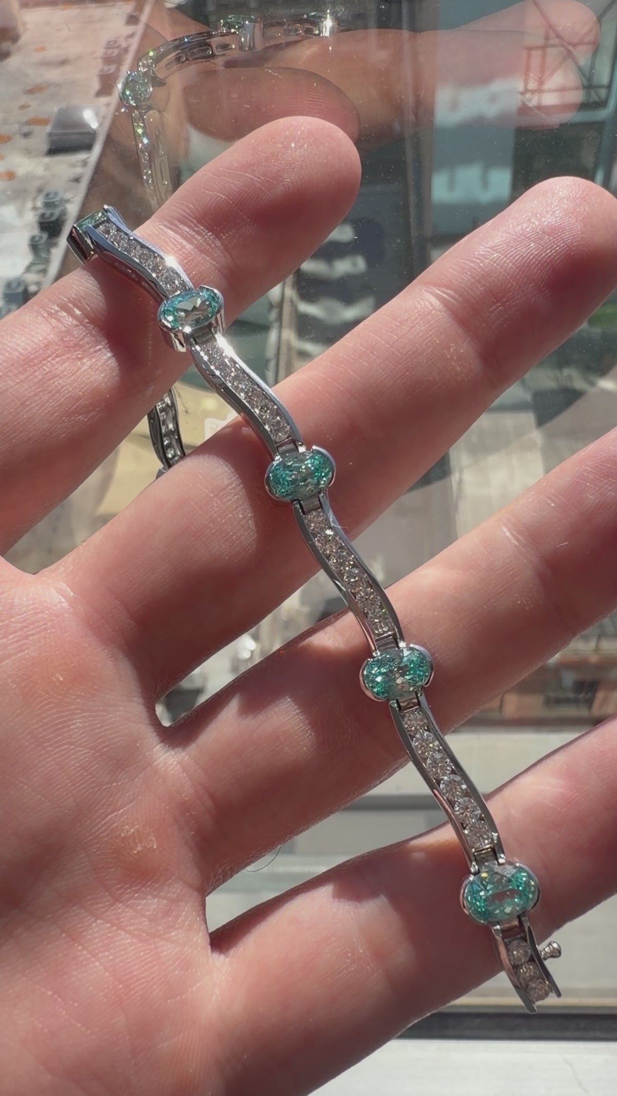 Oval Lab-Grown Paraiba Wave Bracelet with Natural Diamonds