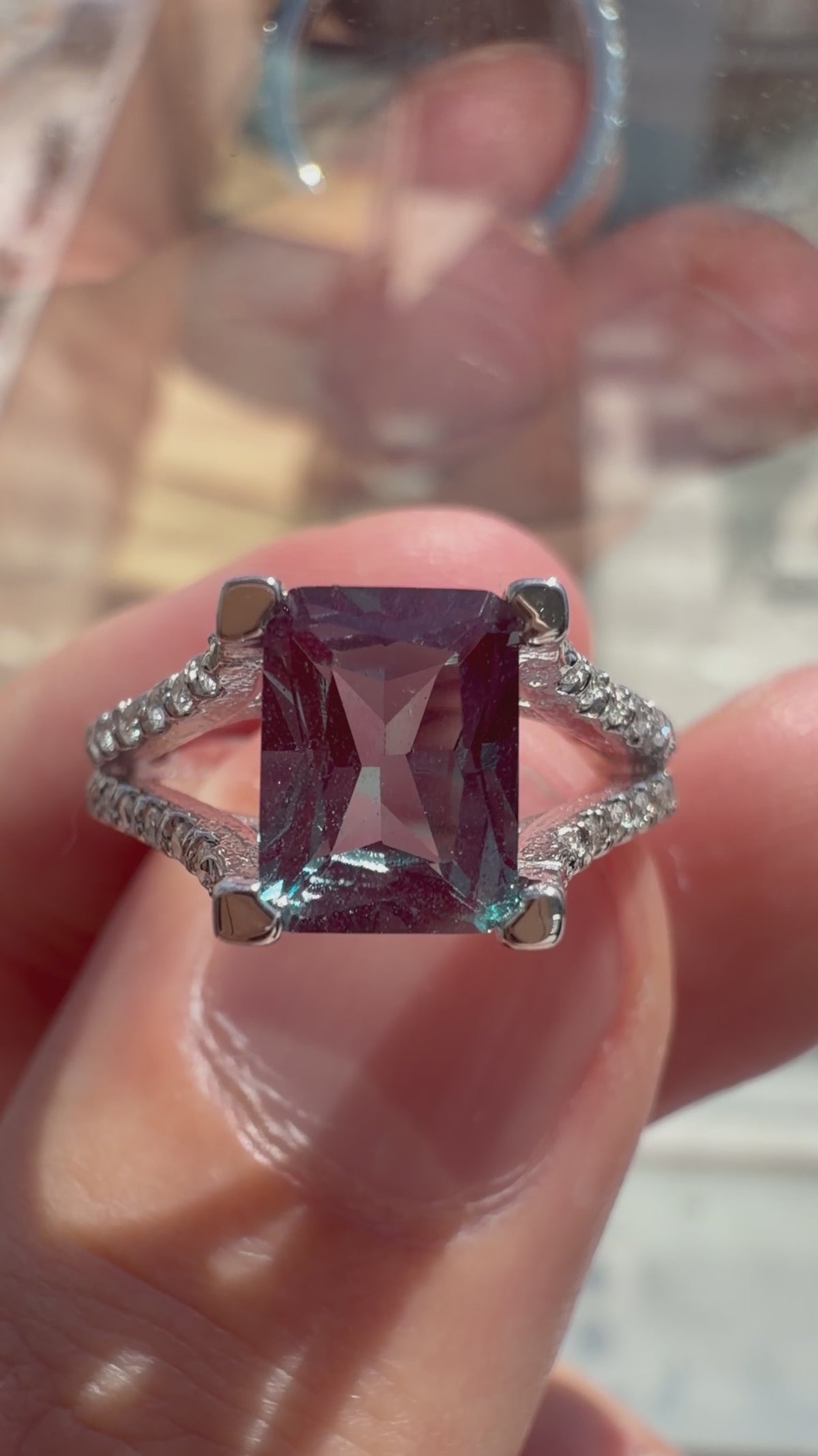 Radiant Lab-Grown Alexandrite Split Shank Ring with Natural Diamonds