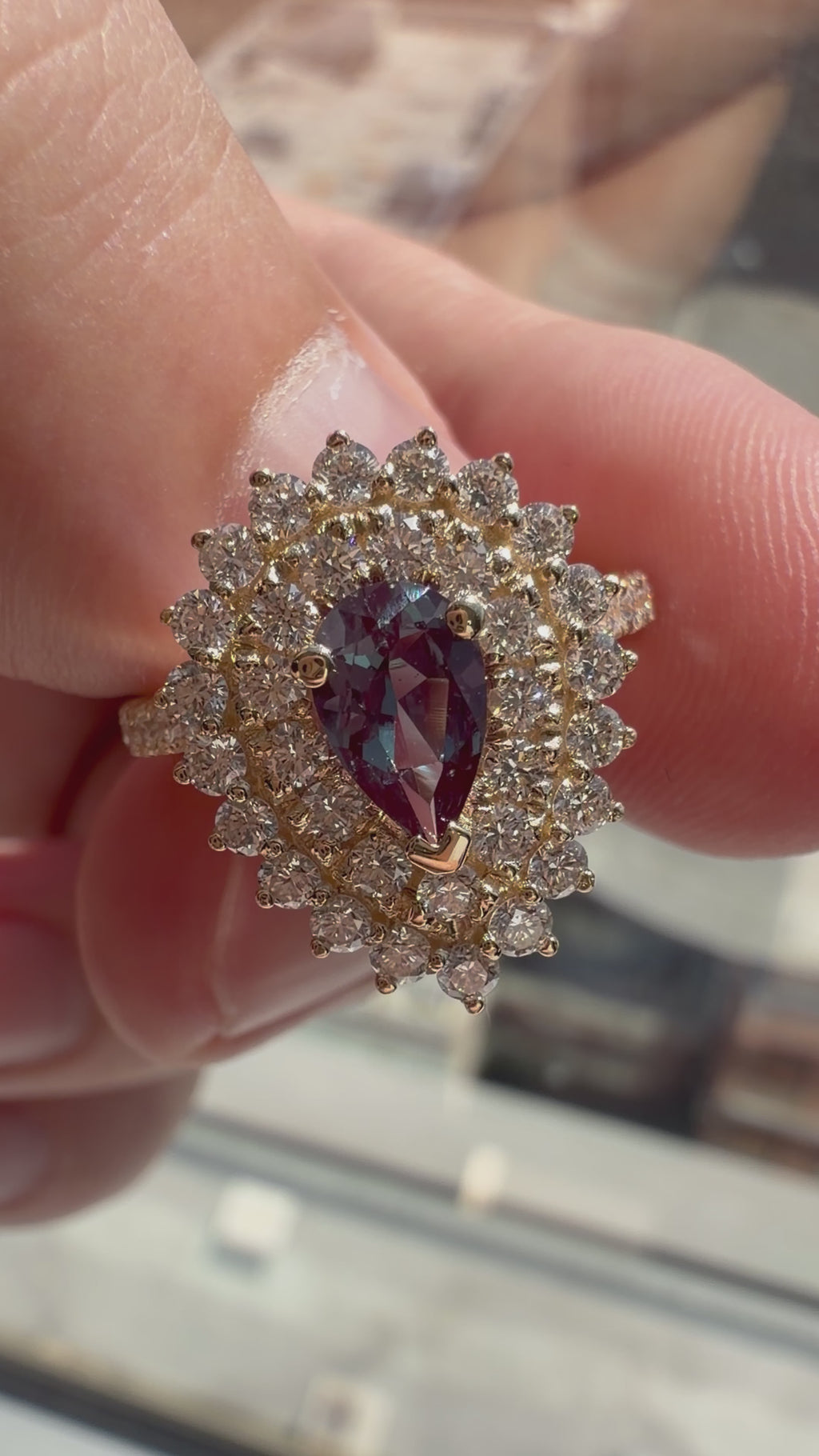 Pear Lab-Grown Alexandrite Ring with Natural Diamond Double Halo and Accents