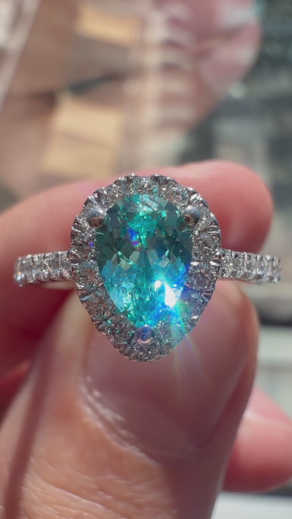 Pear Lab-Grown Paraiba Ring with Natural Diamond Halo and Accents