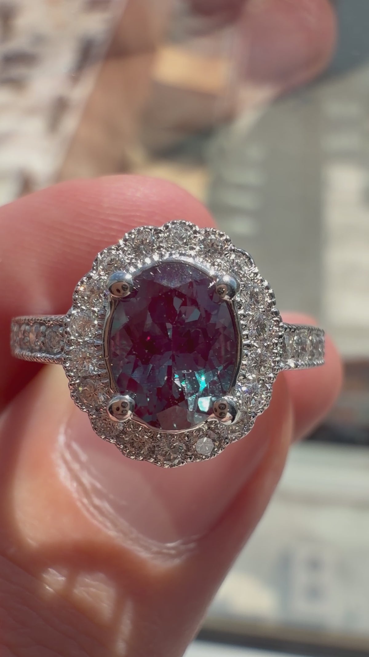 Oval Lab-Grown Alexandrite Milgrain Ring with Natural Diamond Halo and Milgrain Accents