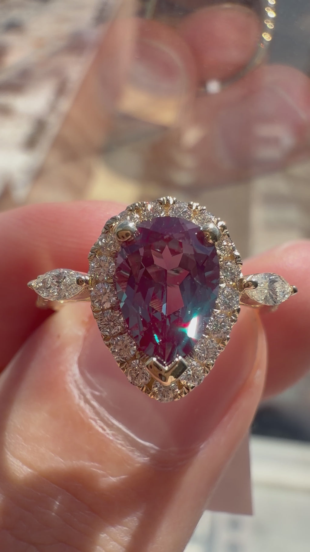 Pear Lab-Grown Alexandrite Ring with Natural Diamond Marquise, Halo and Accents
