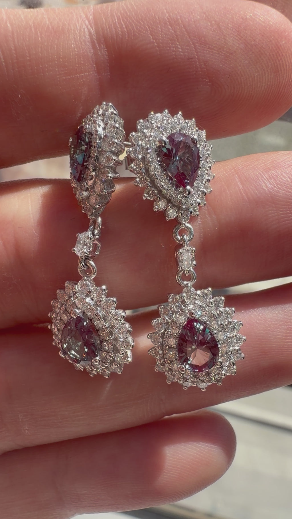 Fancy Pear Lab-Grown Alexandrite Earrings with Natural Diamond Double Halo