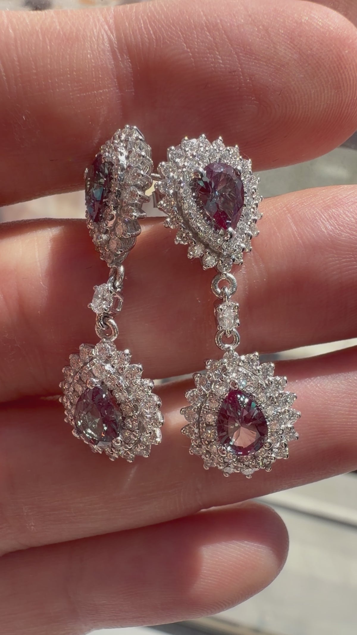 Fancy Pear Lab-Grown Alexandrite Earrings with Natural Diamond Double Halo