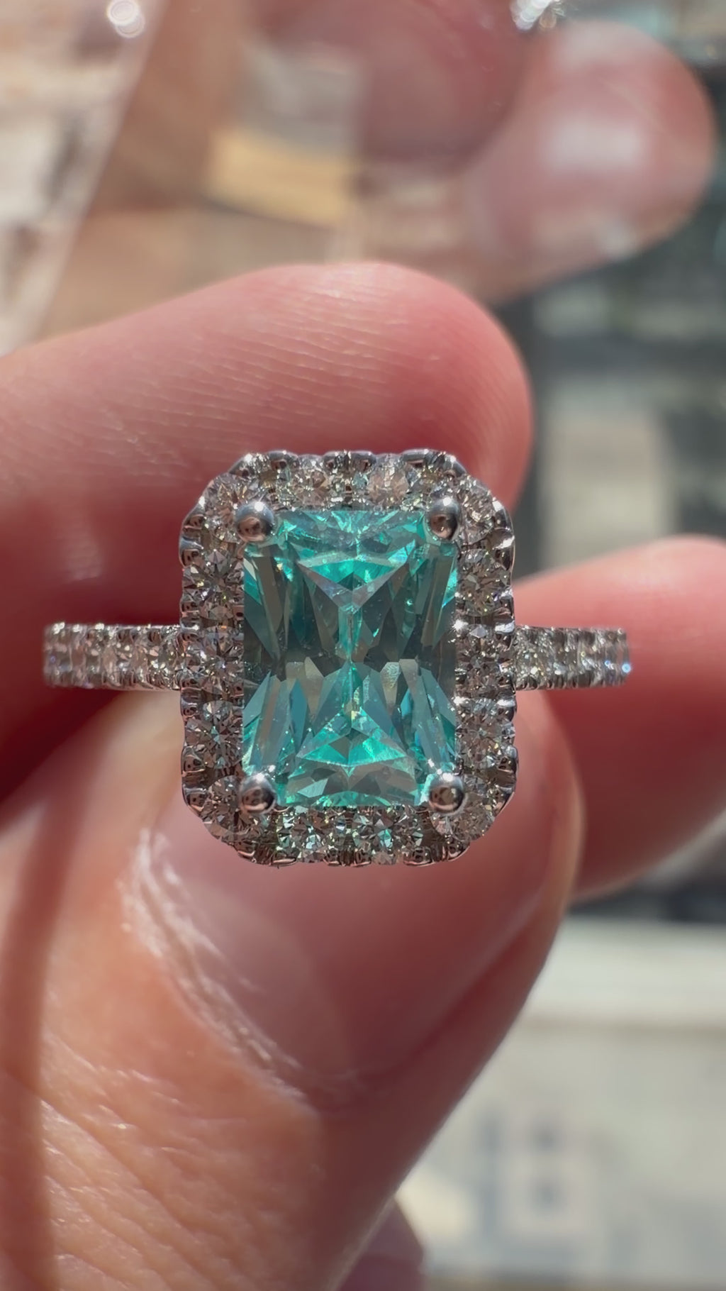 Large Radiant Lab-Grown Paraiba Ring with Natural Diamond Halo and Accents