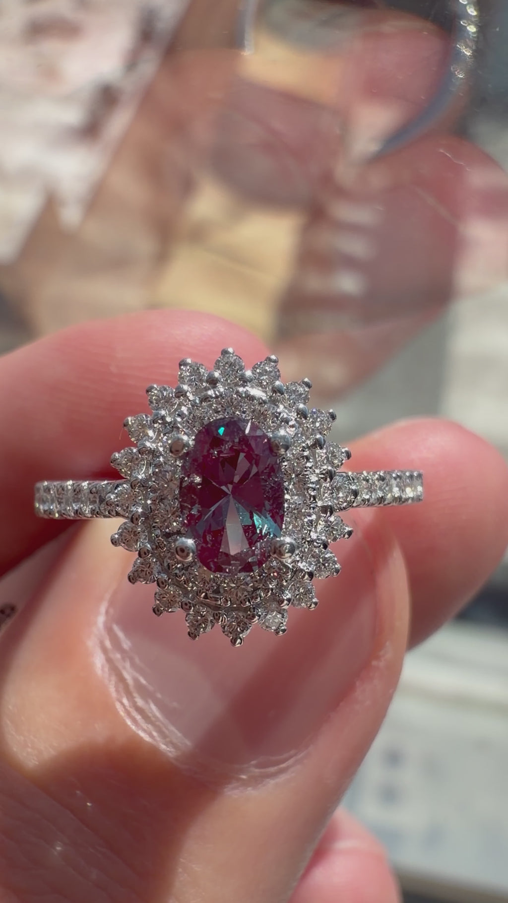 Oval Lab-Grown Alexandrite Ring with Natural Diamond Double Halo and Accents