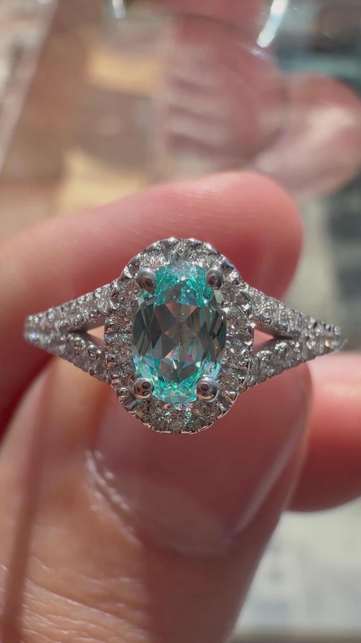 Small Oval Lab-Grown Paraiba Split Shank Ring with Natural Diamond Halo and Accents