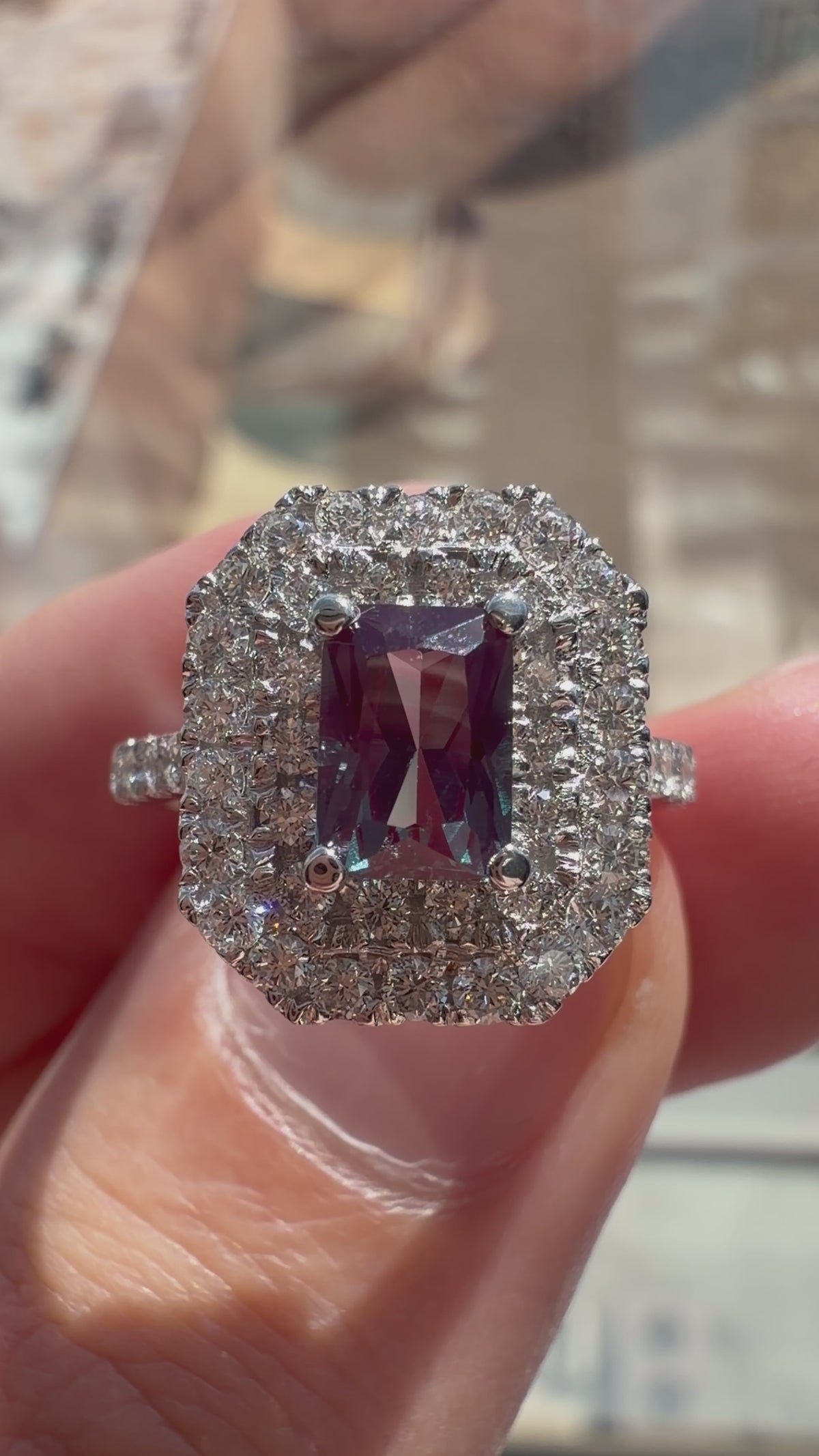 Radiant Lab-Grown Alexandrite Ring with Natural Diamond Double Halo and Accents