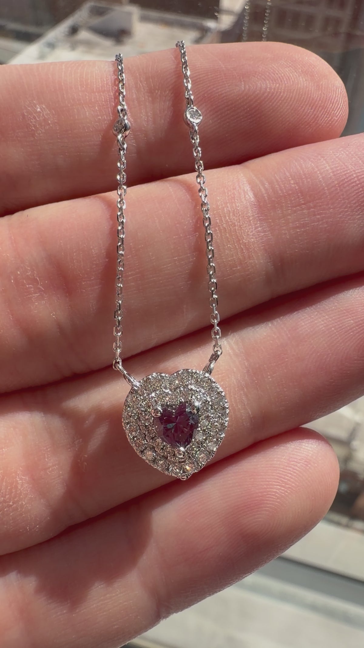 Heart-Shaped Lab-Grown Alexandrite Necklace with Natural Diamond Double Halo and Diamonds-By-Yard Chain