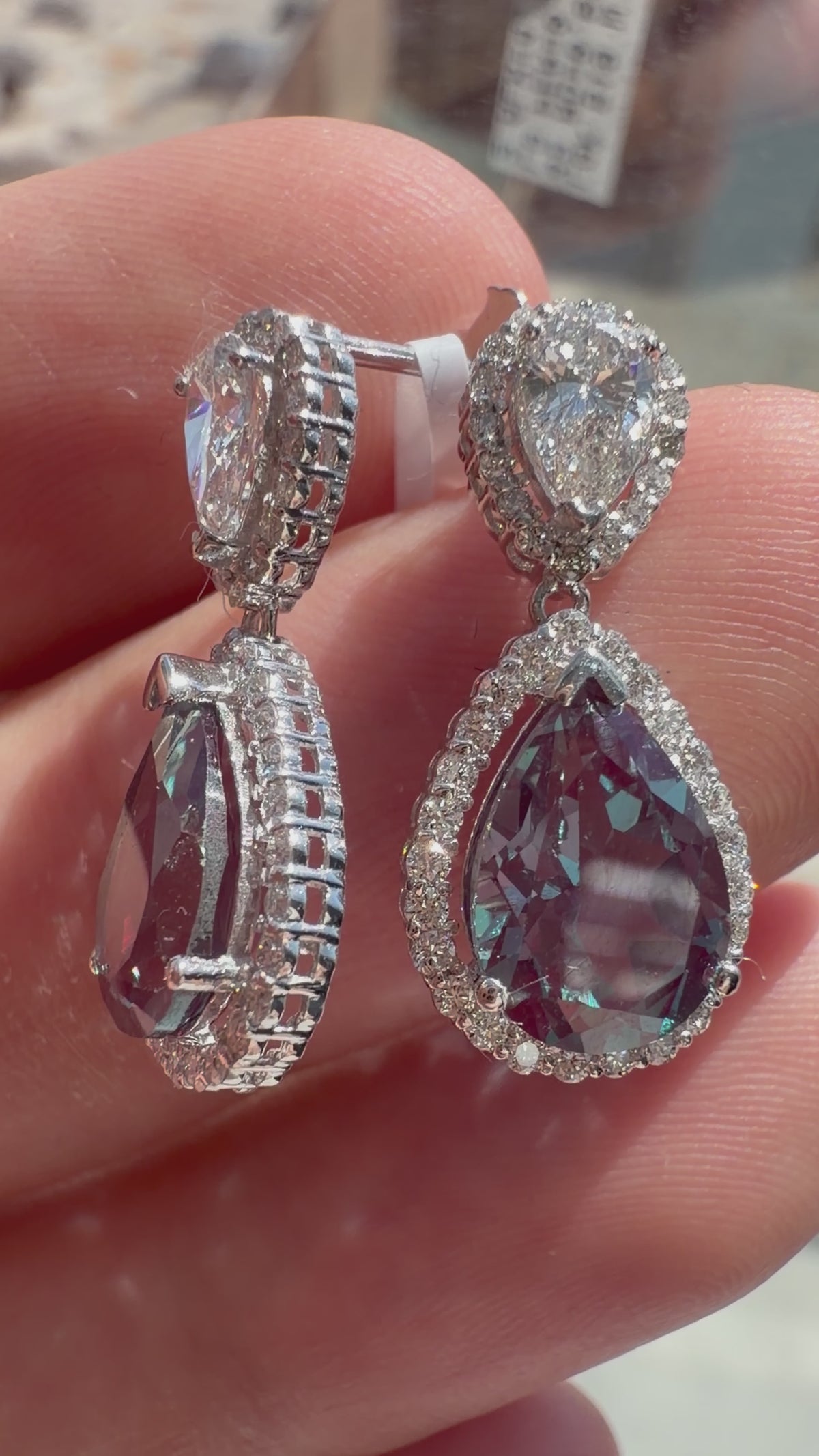 Pear Lab-Grown Alexandrite Earrings with Natural Diamond Halo & Pear Lab Grown Diamond